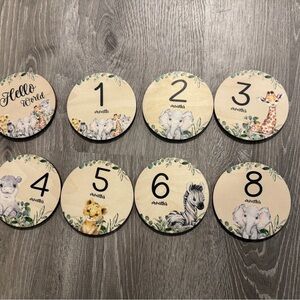 New in Bag- Wooden Baby Milestone Discs with Zoo Animals- Front and Back